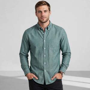 Chemise Oxford unie verte pour homme, manches longues, col rabattu, décontractée, respirante, en coton, style printemps - Product Image 1