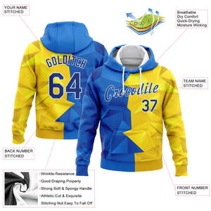 Sweat-shirt à capuche personnalisé avec imprimé géométrique bleu et jaune, poche en polaire, unisexe, coupe classique, respirant, polyester, streetwear sportif - Product Image 5
