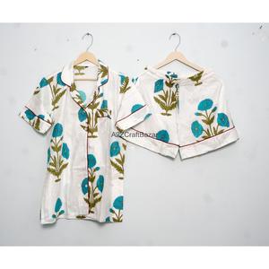 Conjunto de Pijama Corto de Lujo 100% Algodón para Mujer, Estampado a Bloques, Transpirable, Suave y Cómodo, Ropa de Dormir de Verano, Camiseta de Punto para Descansar - Product Image 3