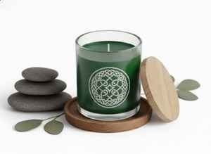 Vela hecha a mano en un elegante recipiente de vidrio esmerilado con tapa de madera. Cera rica de color verde bosque para un brillo profundo y relajante. - Product Image 4