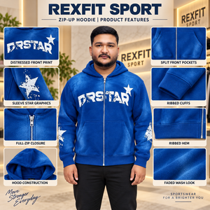Sweat à capuche zippé bleu personnalisé pour homme, en molleton épais, coupe oversize, style streetwear, imprimé étoiles, veste décontractée d'hiver - Product Image 5