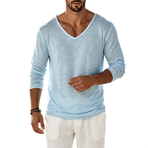 T-shirt en tricot à manches longues pour homme, bleu clair, col en V, coupe ample, décontracté, couleur unie, respirant, en coton - Product Image 2