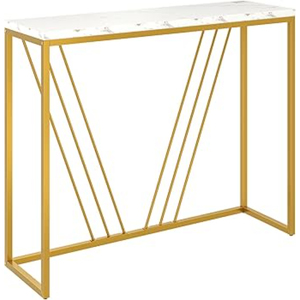 Table console moderne contemporaine à 2 niveaux, structure en métal doré avec plateau en bois d'ingénierie blanc marbré, table d'appoint pour couloir ou canapé - Product Image 5