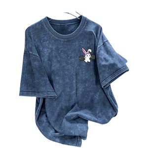 เสื้อยืดเจอร์ซีย์ลายกราฟิกสีน้ำเงินวินเทจ แขนสั้น คอกลม ทรงหลวม สไตล์ลำลอง สตรีทแวร์ พิมพ์ลายการ์ตูน น้ำหนัก 280 กรัม ไซส์ XS - Product Image 1