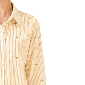 Chemisier ample décontracté en coton à rayures jaunes et blanches pour femme, avec broderie cœur, manches longues et boutonnage - Product Image 4