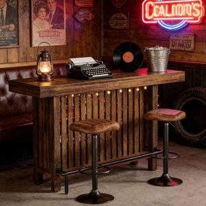 Tavolo da Bar Moderno Minimalista in Stile Vintage per Casa, Hotel, Caffè, Uso Esterno e Banchetti, Realizzato in Legno e Acciaio - Product Image 6