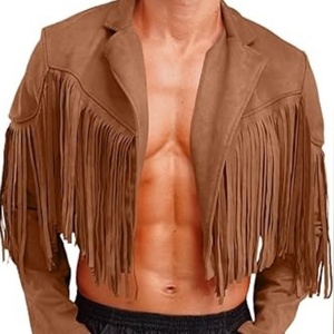 High Quality <b>Brown</b> Genuine <b>Leather</b> Fringe <b>Jacket</b> for <b>Men</b> Vintage Western Cowboy Tassel Coat Open Front Outerwear Regular Sleeve - Product Image 1