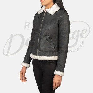 Veste en cuir véritable noir vieilli pour femme avec garniture en fausse fourrure blanche, coupe ajustée, en peau de mouton de qualité supérieure, style motard décontracté pour l'hiver - Product Image 5