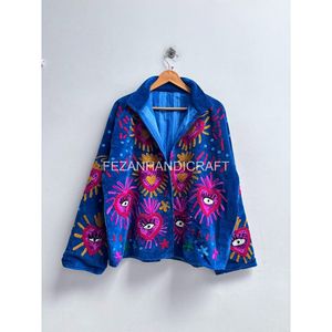 Blouson en velours brodé pour femme, bleu, manches longues, col montant, tenue d'automne, motif artisanal - Product Image 3