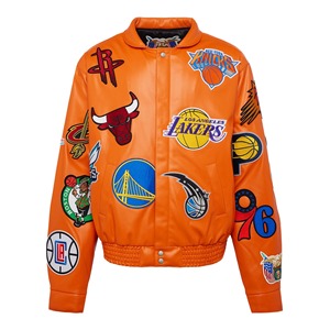 เสื้อแจ็คเก็ตหนังวีแกนแบบคอลลาจ สีส้ม - Product Image 1