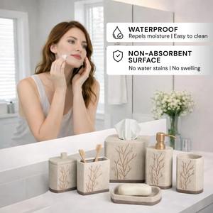 Juego de accesorios de baño con acabado de piedra, diseño de hojas beige, perfecto para el hogar, hoteles, spas, resorts y como regalo, procedente de la India. - Product Image 3