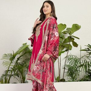 Premium Chinon Printed Embroidered <b>Top</b> Palazzo Set With Designer Embroidered Dupatta Party Wear Manufacturer By Royal Exports - Product Image 2