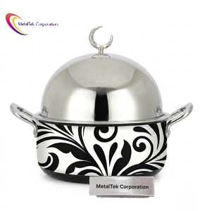 Casserole isotherme moderne en acier inoxydable, design damas arabe, plat de service avec couvercle en forme de croissant, pour le Ramadan, les fêtes à domicile et les buffets - Product Image 1