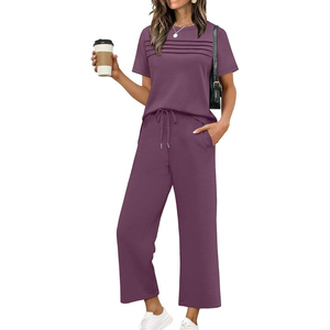 Women Plain Two Piece Set Casual Loose Fit T Shirt <b>Elastic</b> Waist Pants Matching Lounge Wear - Product Image 1