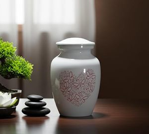 White Porcelain Pet Urn With Red Heart Butterfly Design Teardrop Shape Airtight Lid Simple Style - Product Image 4