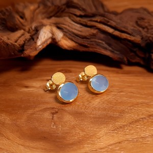 Natural Chalcedony <b>Stud</b> Earrings 925 Sterling <b>Silver</b> 14K Gold Plated Blue Gemstone Oval Faceted Satin Jewelry - Product Image 5