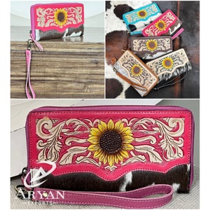 Premium Hand <b>Tooled</b> Cowhide <b>Leather</b> Wallet with Sunflower <b>Tooled</b> Design Zip Around Wristlet for Women Durable Clutch for Women's - Product Image 1