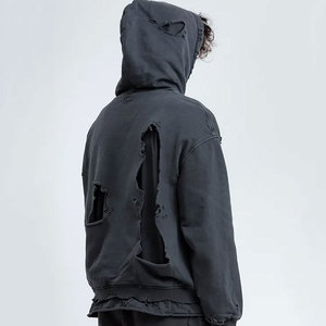 เสื้อฮู้ดดี้โอเวอร์ไซส์ผ้าฝ้ายเฟรนช์เทอร์รี่สีพื้นแบบดิสเทรสสำหรับผู้ชาย ดีไซน์ตัดเย็บแบบวอชเอาท์ แขนเสื้อปกติ สไตล์ฤดูใบไม้ร่วง - Product Image 4