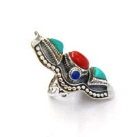 Bague en argent sterling 925 plaqué argent victorien, sertie de pierres turquoise et corail en grappe multi-reliefs, faite à la main, haute qualité