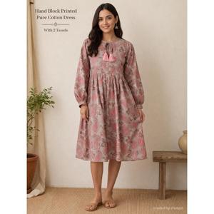 Vestido midi bohemio para mujer, de algodón puro, con estampado paisley, cuello con lazo de borlas y mangas abullonadas - Product Image 1