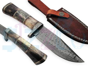 Couteau de chasse Bowie à lame fixe en acier Damas fait main, avec poignée en cuir et étui en cuir, cadeau idéal - Product Image 3