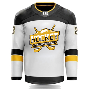 Maillot de hockey personnalisé blanc, noir, jaune, imprimé par sublimation, col en V, manches longues, unisexe, adulte, respirant, en polyester, vêtements de hockey sur glace - Product Image 1