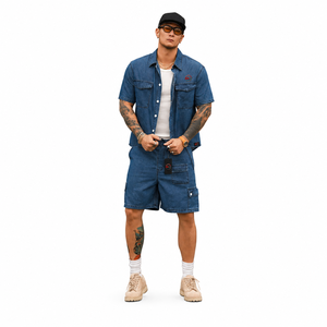 Top Quality Men's Denim Short <b>Set</b> Durable Fabric Stylish Shirt Matching Shorts Comfortable Fit Summer Wear Men Denim Short <b>Set</b> - Product Image 4