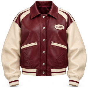 Blouson Bomber Vintage en Cuir de Mouton Véritable pour Femme, Col Relevé, Manches Contrastantes Crème et Bordeaux, Patch Ovale, Style Baseball - Product Image 1