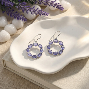 Pendientes Colgantes de Plata de Ley 925 con Tanzanita Natural, Piedra de Nacimiento de Diciembre, Gema Morada Ovalada, Diseño Floral Hecho a Mano, Venta al por Mayor - Product Image 5