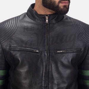 Blouson de motard en cuir noir premium pour homme, en véritable peau de mouton, coupe ajustée, avec rayures vertes, style motard, veste de mode Cafe Racer - Product Image 2