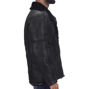Men's <b>Black</b> Genuine Sheephide Leather Jacket Stand <b>Fur</b> <b>Collar</b> Single Breasted Windproof Thick Down <b>Coat</b> - Product Image 5