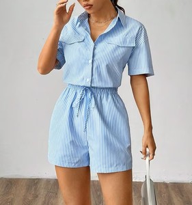 จั๊มสูทของผู้หญิงแบบลำลองลายทางมีสไตล์พร้อมเสื้อเชิ้ตแขนระบายทรงเพรียวบางผ้าทอแนวสตรีทสำหรับฤดูใบไม้ผลิ/ฤดูร้อน - Product Image 2