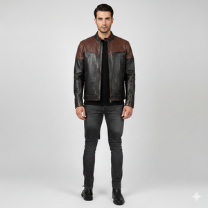 เสื้อแจ็คเก็ตหนังแท้สองสีสำหรับผู้ชาย พรีเมียม สไตล์วินเทจ สำหรับขี่มอเตอร์ไซค์ ทรงเข้ารูป สั่งตัดได้ - Product Image 1