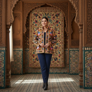 เสื้อแจ็คเก็ตบอมเบอร์ปักลายสีน้ำตาล |   เสื้อแจ็คเก็ตแขนยาว คอตั้ง ทรงปกติ งานปักมือ ซับในผ้าฝ้าย เสื้อคลุมตัวนอก กระเป๋า - Product Image 2