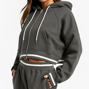 <b>Women's</b> Zip Up Hoodie Set Cropped <b>Sweatshirt</b> And Jogger Pants Tracksuit With <b>White</b> Striped Trim - Product Image 5