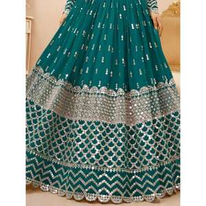 Georgette lehenga choli สีฟ้าสีน้ำเงินอมเขียวที่สวยงามพร้อมตาข่าย dupatta สำหรับสวมใส่ตอนเย็น - Product Image 2