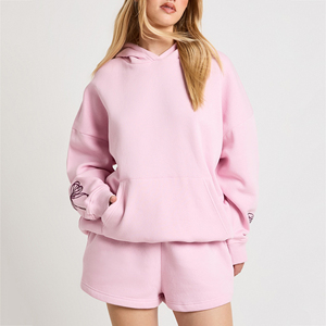OEM Custom Womens Hoodie Shorts <b>Set</b> Polyester Cotton Casual Style DTF Personalized Print <b>Lounge</b> Outfit Matching <b>Two</b> <b>Piece</b> <b>Set</b> - Product Image 2