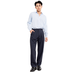 Pantalon plissé formel pour homme en mélange de laine, taille haute, coupe droite, noir et bleu marine, idéal pour l'automne - Product Image 6