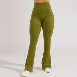 High Waist <b>Flared</b> Leg Yoga <b>Leggings</b> Solid Olive Green Seamless Full Length Elastic Waist Women's Workout Pants - Product Image 1