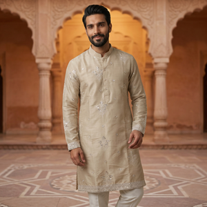 Hot Selling <b>Men's</b> <b>Silk</b> Kurta <b>Pajama</b> Set Regular Fit Traditional Indian Pakistani Style Ankle-Length Wedding Wear - Product Image 3