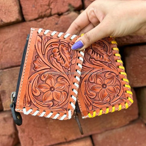 Nouveaux vrais cheveux usinés bruns fabriqués à la main sur peau fourrure cuir porte-monnaie mignon petit Rectangle forme pièce carte étuis à fermeture éclair - Product Image 5