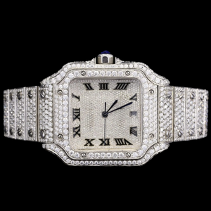 นาฬิกาข้อมือแฟชั่นทรงสี่เหลี่ยมคุณภาพสูง ประดับเพชรโมอิสซาไนต์เต็มหน้าปัด ตัวเลขโรมัน สายสแตนเลส กระจกควอตซ์ - Product Image 1