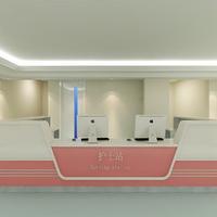 Bureau d'accueil moderne en bois en forme de L rose avec possibilité d'affichage et éclairage LED blanc pour clinique, hôpital, boutique ou usage domestique/bureau