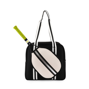 Sac fourre-tout de sport en néoprène noir avec poignées rayées blanches, fermeture éclair, résistant à l'eau, 30-40L, style décontracté - Product Image 4