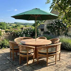 Teak Outdoor <b>Round</b> <b>Table</b> Set With Green Umbrella And Cushioned Chairs Contemporary Design Durable Wooden Furniture - Product Image 2
