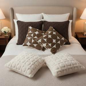 Juego de 6 Fundas de Cojín Decorativas SOGA, Color Marrón Chocolate, Tejido con Pompones Crema, Diseño Geométrico Retro - Product Image 4