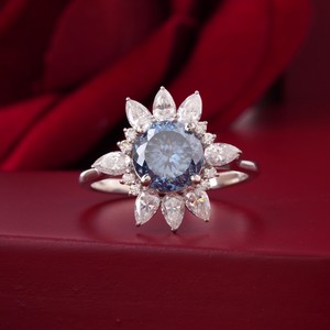 2.00 CT Fancy <b>Blue</b> Portuguese Cut Lab Grown Diamond <b>Ring</b> with Prong Setting in 14K Gold Cocktail Statement - Product Image 1