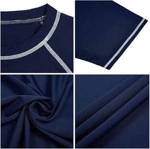 Camiseta de natación de manga corta de alta calidad para hombre, color azul oscuro, UPF 50+, elástica, de secado rápido, con detalles en blanco. - Product Image 4