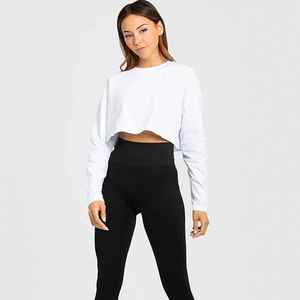 Camiseta Corta Blanca de Manga Larga para Mujer, Cuello Redondo, Tejido de Punto, Color Sólido, Informal, Transpirable, 100% Algodón, Manga Larga, Corte Regular - Product Image 4