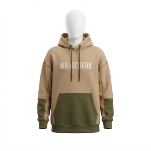 Sudadera con Capucha Oversize de Felpa para Mujer, Color Beige Oliva con Bloques de Color, Bolsillo Canguro, Estilo Casual Urbano - Product Image 3